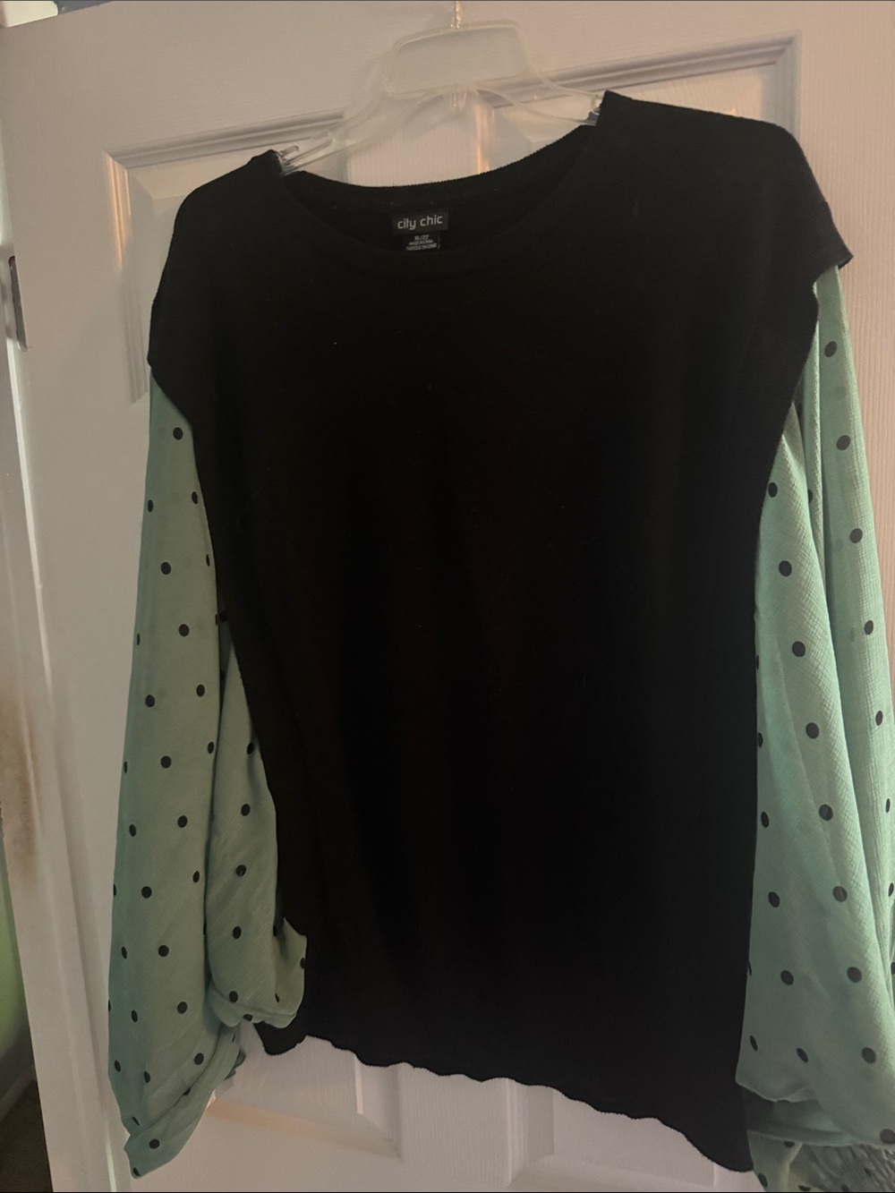 City Chic Black Knit Top with Mint Green Polka Dot Balloon Sleeves